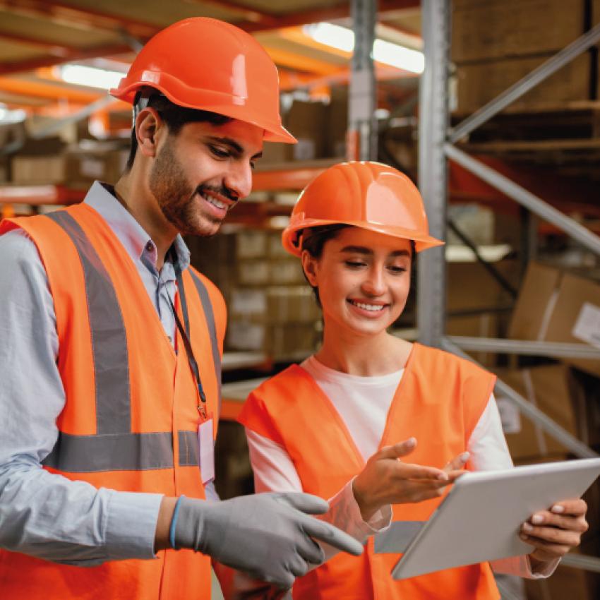 Deux intérimaires en logistique sont en train de discuter dans un entrepôt.